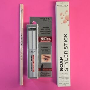L'Oreal Unbelieva Brow Topcoat, Revolution Soap Styler, Eleman Brow Pencil Set